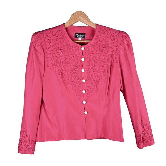 Karen Lawrence Womens Blazer 12 Pink Embroidered Pearl Button 67% Rayon Vintage - Picture 13 of 16